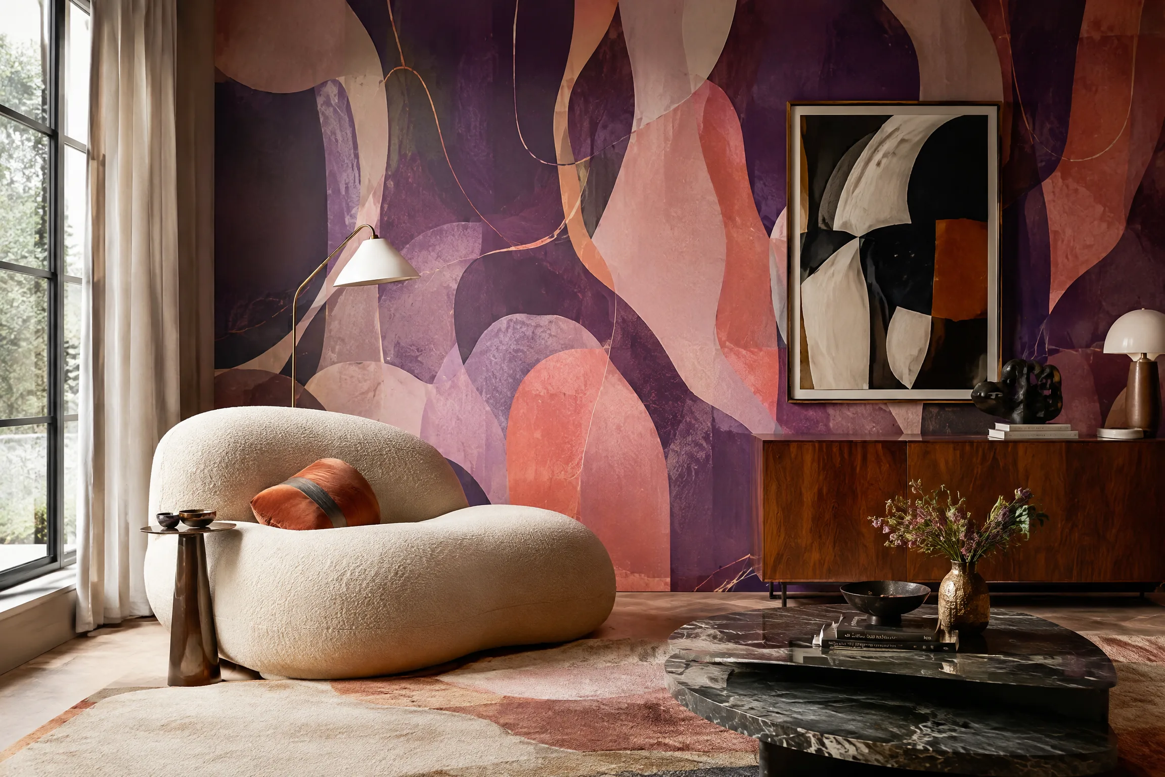 Professional living room feature wall with abstract wallpaper