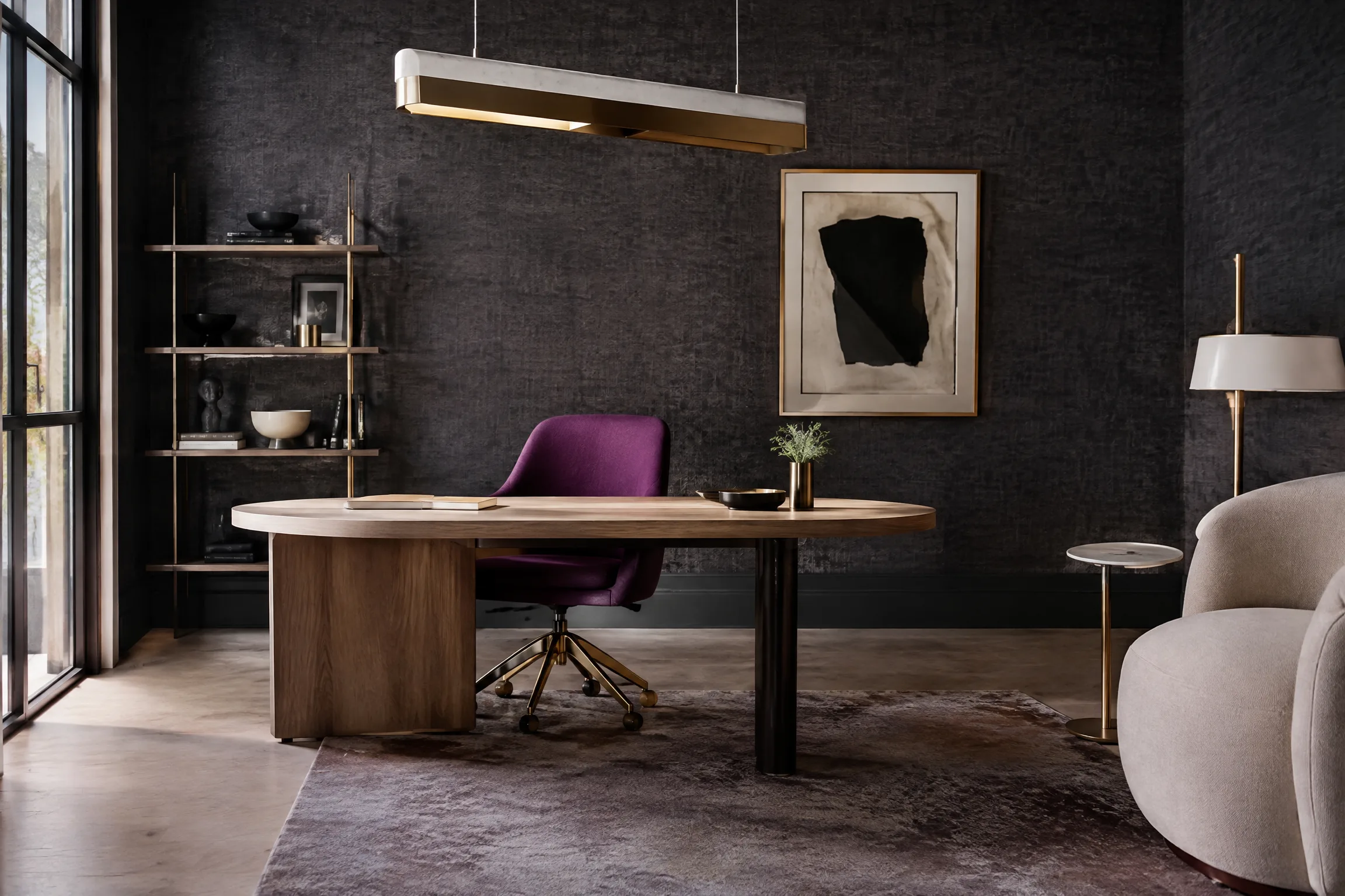 Expert office interior with charcoal wallcovering
